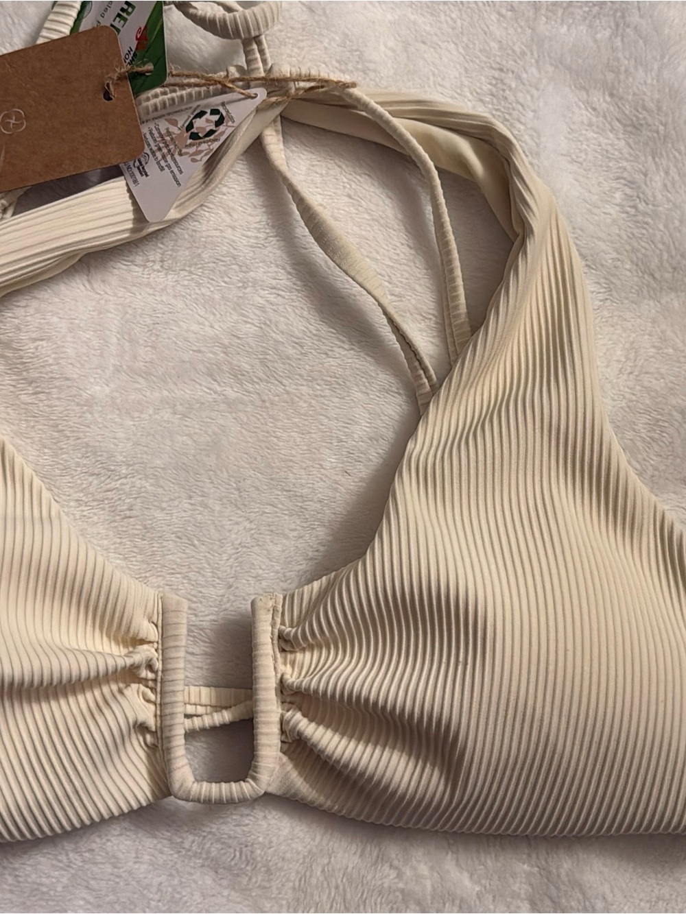 Cream Ribbed Halter Bikini Top with Front Ring